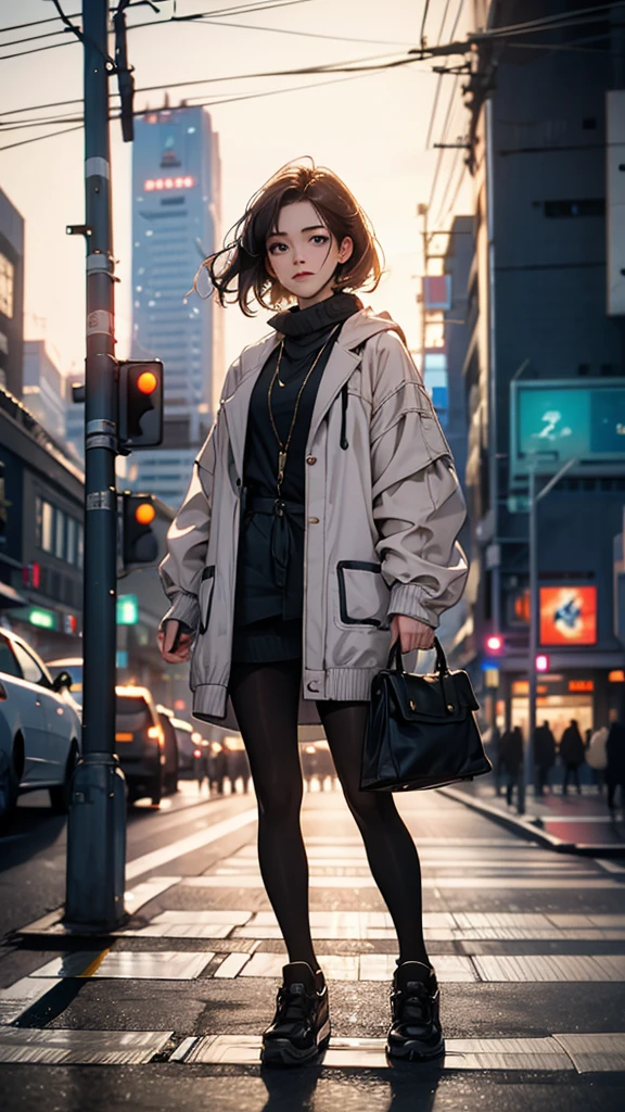 A young woman standing on the street, blur the background, comely, photorrealistic