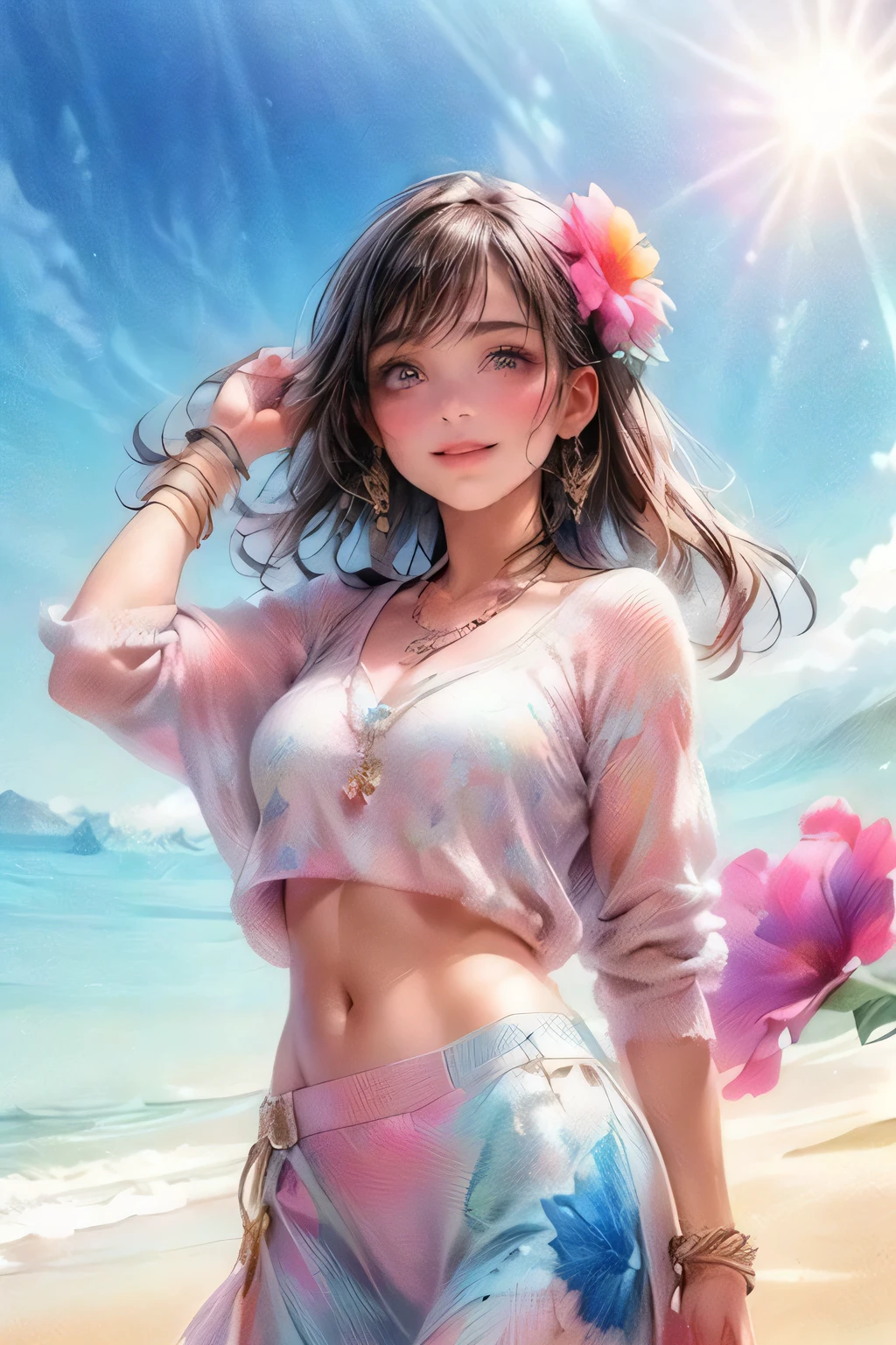 image that features a cute young girl in a bikini and a flower in her hair, Crochet Sweater Cover Up, A scene where you hold your hands up and look up at the sky, 1girl, bikini , middle-breasts, flower, Crochet Sweater Cover Up, hair flower, hair ornament, solo, smile, long hair, jewelry, bandaid, hibiscus, cleavage, bandages, bracelet, vibrant colors, navel, frills, mole, beachball, looking at viewer, grin, necklace, from below:1.4, sun, lens flare, highest quality, highres, masterpiece:1.2, 16K, Super detailed, surreal, dramatic lighting, chiaroscuro, smooth skin with marble texture, elegant and gentle look, ancient castle architecture fantasy background, hair ribbon, head tilt, little smile, blushed cheek, through bangs:1.2, bright eyes, shining pupils, (beautiful detailed eyes, beautiful detailed full lips, extremely detailed eyes and face, long eyelash, thighs), hyper realistic, photorealistic:1.37, vibrant colors, warm tone