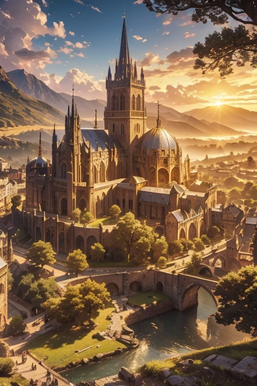 masterpiece, Best Quality, hyperdetailed, 8k resolution, raw photo, sharp focus, Medieval city from the time of King Arthur but modernized, mountains around, sunny day, big buildings, churches, cathedrals, trees, huge city, muchos trees