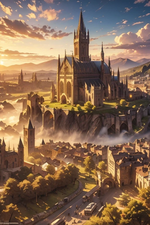 masterpiece, Best Quality, hyperdetailed, 8k resolution, raw photo, sharp focus, Medieval city from the time of King Arthur but modernized, mountains around, sunny day, big buildings, churches, cathedrals, trees, huge city, muchos trees