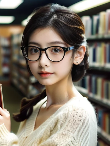 (8k, RAW photo, best quality, masterpiece), (photo realistic), outstanding details, ultra-high resolution, anatomically correct, textured skin, ((Extremely precise and accurate anatomy)),
A cute 28-year-old Japanese woman, librarian arranging books in the library,
(fearless smile:0.1),
(Downturned Eyes), (kind eyes:1.2) , kind Gaze,
(low chignon:1.4), (Rimless round glasses),
(light makeup) ,
looking at viewer,
pupils sparkling, thin lips, Mouth slightly open,
dark brown hair, Forehead,
white simple summer sweater, simple cotton Light brown flared skirt,
Earrings, Necklace,
Full Shot, whole body, (height: 148cm), High heels Has two legs,Has two arms、Has two legs, You need two arms,
(background Spacious library interior, bookshelves),
(backlighting),
reflection light from below,
atmospheric perspective, depth of field,
(dramatic lighting), cinematic lighting,