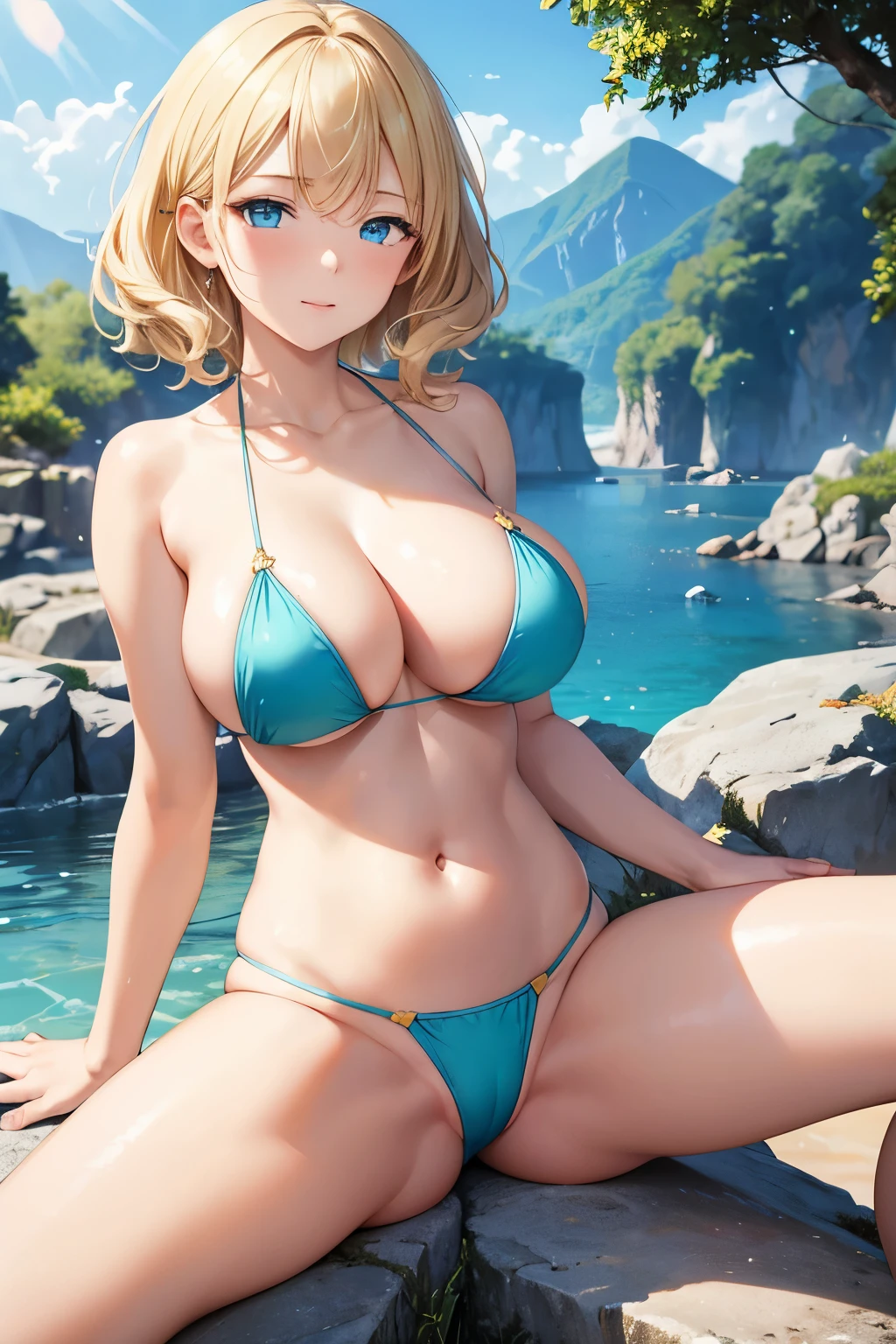 1girl, best quality, masterpiece, solo, bright expression, natural big breast, elegant mature woman, cleavage, slim, looking at viewer, blonde reflected light, green bikini, beautiful big blue eyes, beautiful long face, gorgeous short shoulder-length blonde hair, hair curled outwards, shiny light hair, collarbone, silky shiny skin, high resolution, sitting on rock, perfect detailed anatomy, perfect arms, perfect fingers, navel, perfect beautiful body, spread legs, lakeside, soft light