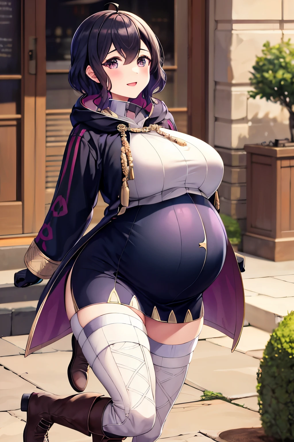 feMorgan, black robe, belt, white pants, brown bootsshort dress, black gloves, white thighhighs, (pregnant), huge belly,