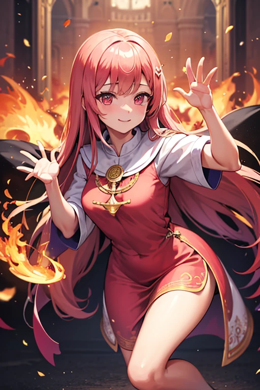 High Frequency: 1.8, rich details details, work of art, 8k, Beautiful priestess in pink dress in front of the fire, dancing, Fan of waving hands, Fan on fire, Flames surround the priestess, Burning battlefield background, 