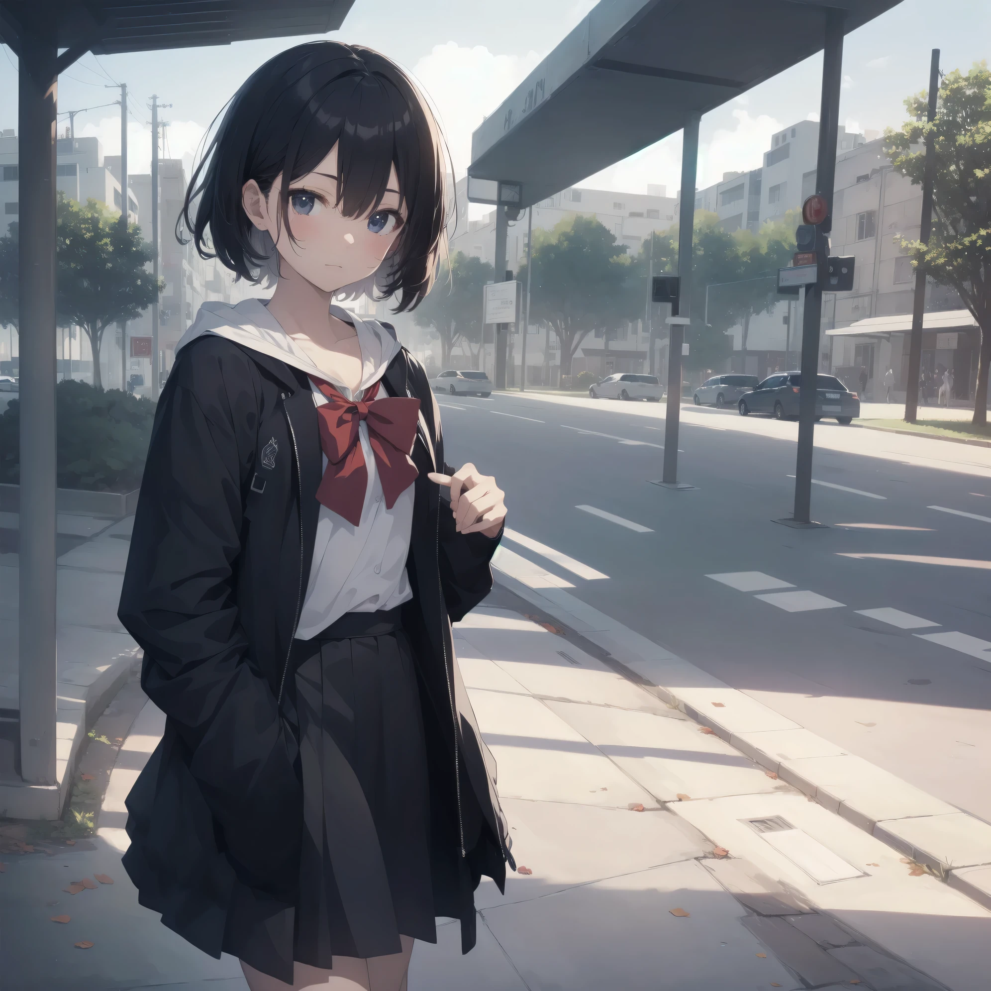 ultra-absurdres-Top quality by artist God, ultra-detailed, high resolution, anime moe artstyle, best anime 8k konachan wallpaper, pixiv contest winner, pool:2810, perfect anatomy,break, 1girl, (Please draw a girl walking sleepily to school alone. )break,(Solo,little female, -yeld:1.Full limbs, complete fingers,a junior hihort hair), short cut, flat chest, , small butt, small black eyes, beautiful detailed eyes, well-proportioned iris and pupils, expressive eyes, highres detailed hair, soft expression, salor school_uniform, sailor collar, serahuku, bow, pleated skirt,(Detailed Lighting), (Detailed background), in the School commute route. break,super detailed skin, Best cinematic lighting powered by famous artist, 8k,beauty illustration,photoshop_(medium),very aesthetic,break,((artist:fujima_takuya )), artist:clamp ,artist:carnelian ,artist:kantoku ,
