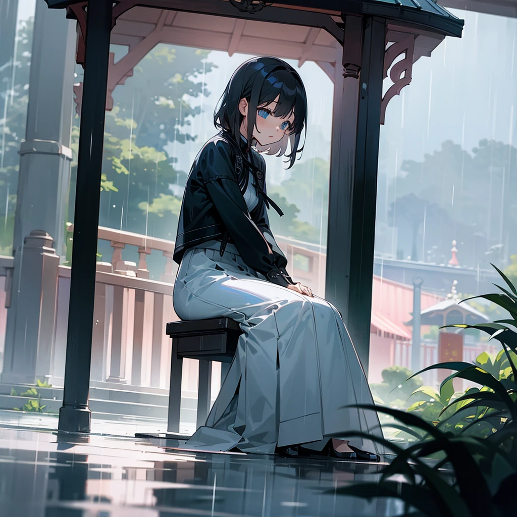 In the heavy rain、Women、In the gazebo、Sadly、While sitting、Looking down。