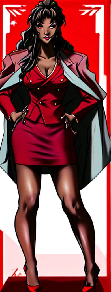EVIL BLACK SKINNED BUSINESS WOMAN WEARING A BLOUSE WITH A RED SKIRT SUIT 90s ANIME ARTSTYLE WITH DARK
RED HEELS FULL BODY WEARING A SLIGHTLY LONG RED PENCIL SKIRT , MAKE ALL THE RED MATCH