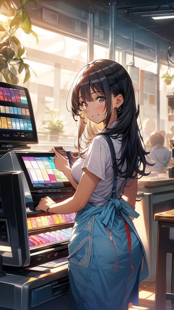 young woman,Facing forward,smile,((Standing inside the cash register)),Touching the cash register machine,Customer Service,((There is a cash register on the table)),(Scanning product barcodes at the cash register)),Supermarket clerk,Wearing an apron,((Working as a cashier)),((Cashier)),((cashier,register,)),((Receive money from customers)),There are products on the shelves,In the supermarket,Bright interior
