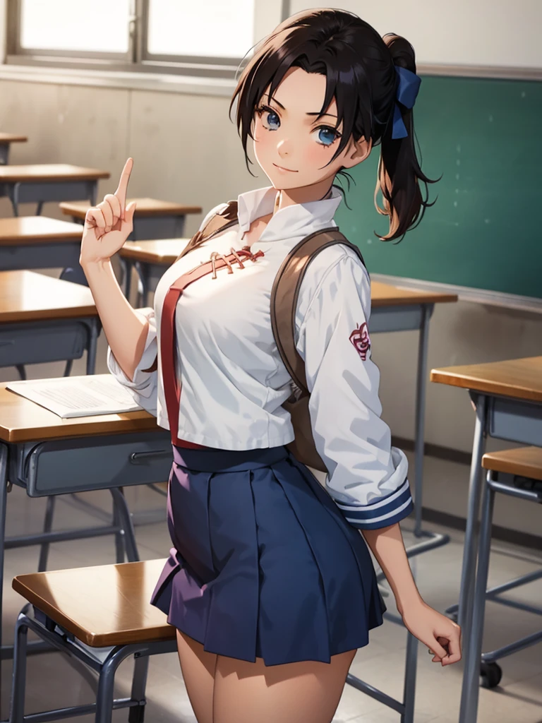 (Tenten), 1girl, as a highschool girl, wearing a  with white shirt and blue skirt, at a classroom, 8k, high detailed, high quality