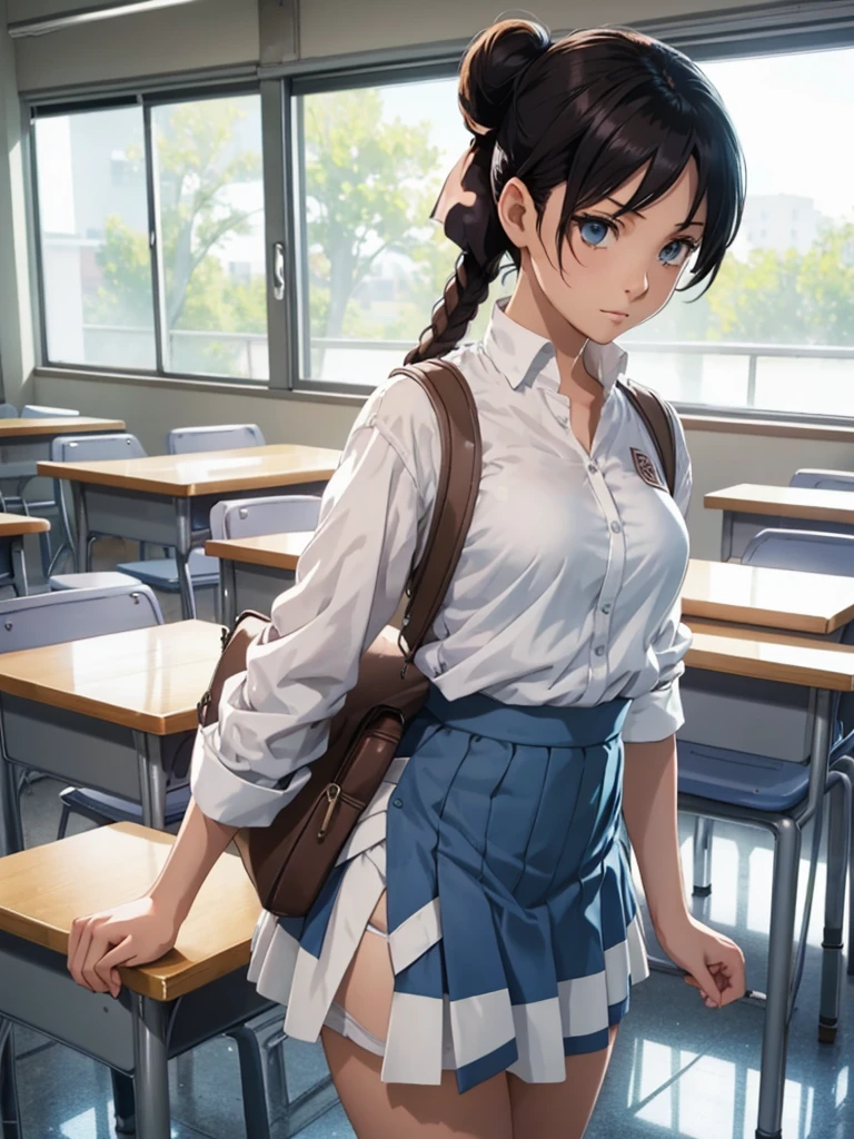 (Tenten), 1girl, as a high girl, wearing a  with white shirt and blue skirt, at a classroom, 8k, high detailed, high quality