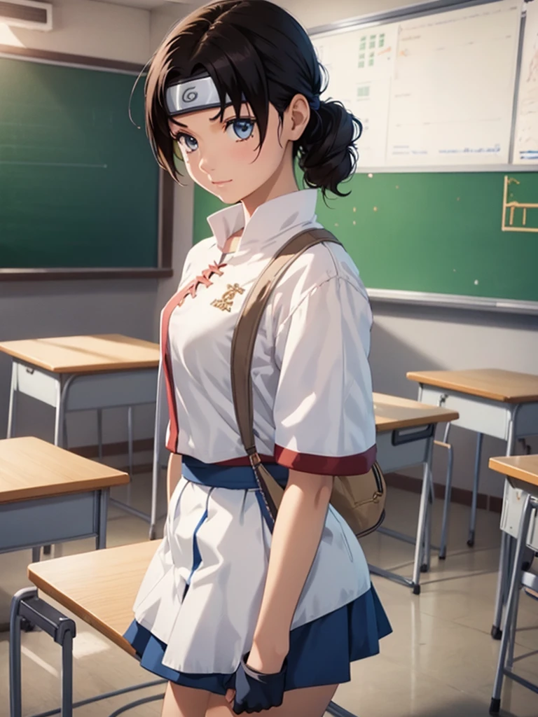 (Tenten), 1girl, as a high girl, wearing a  with white shirt and blue skirt, at a classroom, 8k, high detailed, high quality