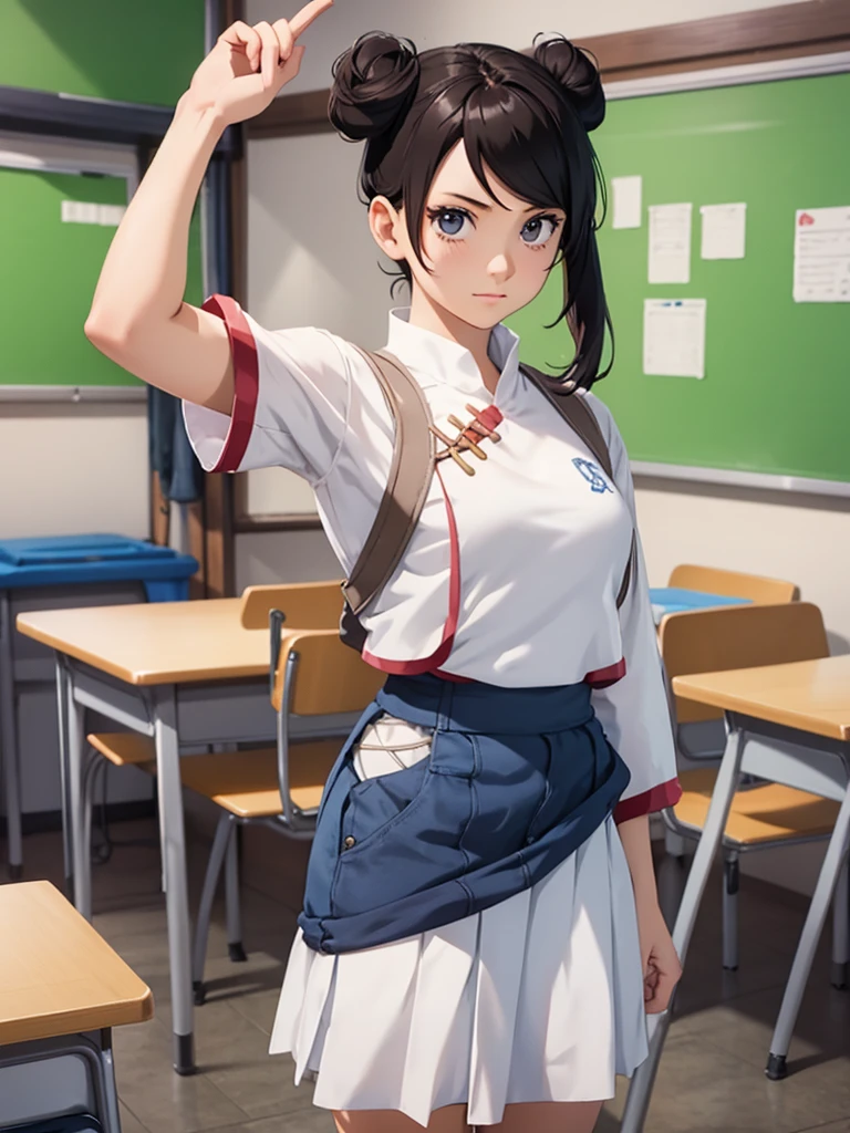 (Tenten), 1girl, as a highschool girl, wearing a  with white shirt and blue skirt, at a classroom, 8k, high detailed, high quality