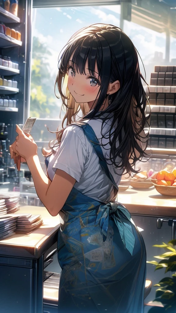 young woman,Facing forward,smile,((Standing inside the cash register)),Touching the cash register machine,Customer Service,((There is a cash register on the table)),(Scanning product barcodes at the cash register)),Supermarket clerk,Wearing an apron,((Working as a cashier)),((Cashier)),((cashier,register,)),((Receive money from customers)),There are products on the shelves,In the supermarket,Bright interior