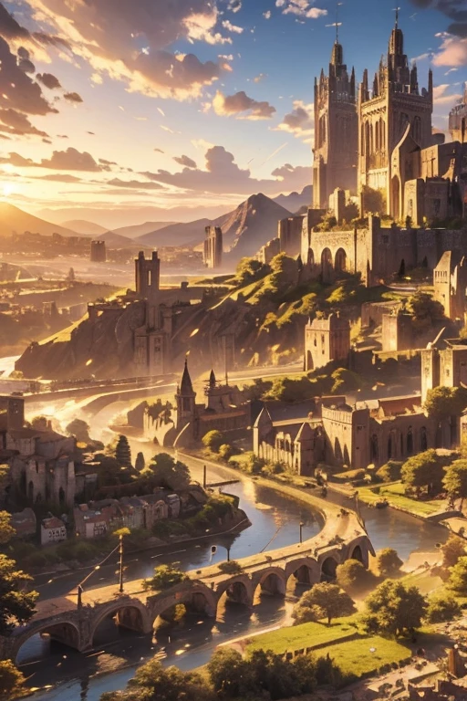 masterpiece, Best Quality, hyperdetailed, 8k resolution, raw photo, sharp focus, Medieval city from the time of King Arthur but modernized, mountains around, sunny day, big buildings, trees, huge city, muchos trees