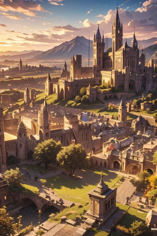 masterpiece, Best Quality, hyperdetailed, 8k resolution, raw photo, sharp focus, Medieval city from the time of King Arthur but modernized, mountains around, sunny day, big buildings, trees, huge city, muchos trees