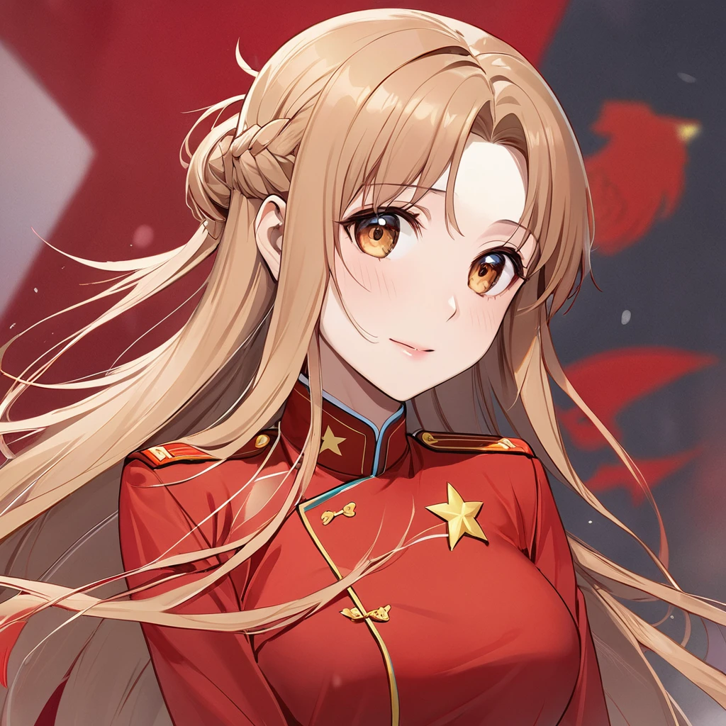 ((Highest quality)), ((masterpiece)), (detailed), （Perfect Face）、The woman is Chinese. She is a Chinese woman with light brown, medium-long hair and an engagement ring. She is a member of the glorious Chinese Communist Party and has sworn absolute loyalty to the Chinese Communist Party. She is a righteous Communist Party member of China.、The woman is wearing the fine red uniform of a Chinese Communist Party member.、For the sake of China, they dye their hair, hairstyle, clothes, and everything they wear belongs to the Chinese Communist Party, and their thoughts are also Chinese, becoming great Chinese in body and mind.、The woman became Yuuki Asuna, a Chinese woman who is proud of and loves China.、She is serving China as a member of the great Communist Party of China.、She is a beautiful, respectable and exemplary Communist.