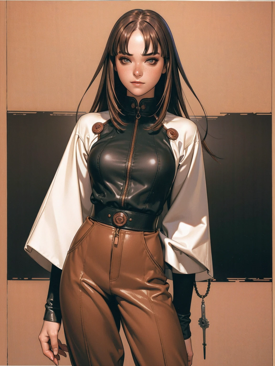 (best qualityer))), (((manga strokes))), (((light curly hair))), (((baggy pants with black spots))), (((textures and black paint running down clothes))), (((Rusc GFX_dark))), uma Kizi jovem muito bem vestida com roupas modernas de inverno, pants with paint splatters, top gift vertical stripes, short jacket with dark fur collar, beautiful and expressive face, slightly-smile, big eyes with long black eyelashes, heavy make-up, chains and zippers spread across clothes, contrasting colours, pose de atitude, hair with a modern and futuristic cut, urban game poster art, dramatic camera angles, graffiti art elements in the background, design mixing contemporary and retro by Shepard Fairey, (((cowboy shot))), (((best qualityer: 1.4))), (Unbeatable masterpiece), (hiper HD),(CG 8k hyper-realistic), Kizi, (((standing alone))), pirralha violent, (((14歳))), sexly, pose de atitude, work of art, post-apocalypse, (((manga style))), bounty hunter, violent, Manic, the way you want, slenderbody, thin but strong, perfectbody, roupa moderna, advanced technology, neon, sleeves with vertical striped pattern, neutral background, (( cowboy shot )). intricate visual