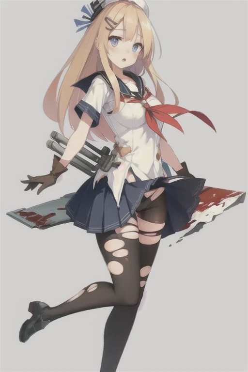 saratoga \(warship girls r\)，((masterpiece)),(((best quality))),((ultra-detailed)),((illustration)),((disheveled hair)),((frills)),(1 girl),(solo),1girl, black footwear, black legwear, blonde hair, blood, blue eyes, blue skirt, blush, bow, breasts, broken, brown legwear, burnt clothes, damaged, defeat, full body, hair ornament, hairclip, hat, injury, loafers, long hair, looking at viewer, medium breasts, neckerchief, open mouth, pleated skirt, red neckerchief, rigging, sailor collar, serafuku, shirt, shoes, short sleeves, skirt, smoke, solo, thighhighs, torn bike shorts, torn bodysuit, torn cape, torn clothes, torn dress, torn gloves, torn jacket, torn legwear, torn leotard, torn panties, torn pants, torn scarf, torn shirt, torn skirt, torn sleeves, torn swimsuit, white headwear, white shirt