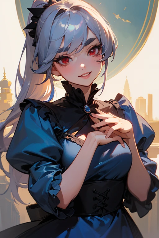 (Highest quality, masterpiece:1.2), High resolution, 最高masterpiece、Very detailed, Realistic:1.37, Fantasy, An illustration,Gray Hair、 Red eyes、Queen, Navy and blue dress、beautifully、Eyeshadow Red、Thick eyebrows、Long eyelashes、pupils are black、shiny on the lips、Top Sites、Queen、Princess、A kind smile、Show your teeth a little and smile、Soft impression、people々々々々々々々々々Loved by、Slimming the face、Shoulder Bare、ponytail、Kissing Face、Long white hair、Shaggy Bangs、(Save face image).Cinderella Castle、(solo).(turn around)、