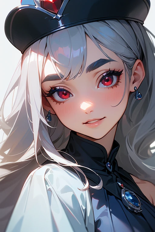 (Highest quality, masterpiece:1.2), High resolution, 最高masterpiece、Very detailed, Realistic:1.37, Fantasy, An illustration,Gray Hair、 Red eyes、Queen, Navy and blue dress、beautifully、Eyeshadow Red、Thick eyebrows、Long eyelashes、pupils are black、shiny on the lips、Top Sites、Queen、Princess、A kind smile、Show your teeth a little and smile、Soft impression、people々々々々々々々々々Loved by、Slimming the face、Shoulder Bare、ponytail、Kissing Face、Long white hair、Shaggy Bangs、(Save face image).Cinderella Castle、(solo).(turn around)、