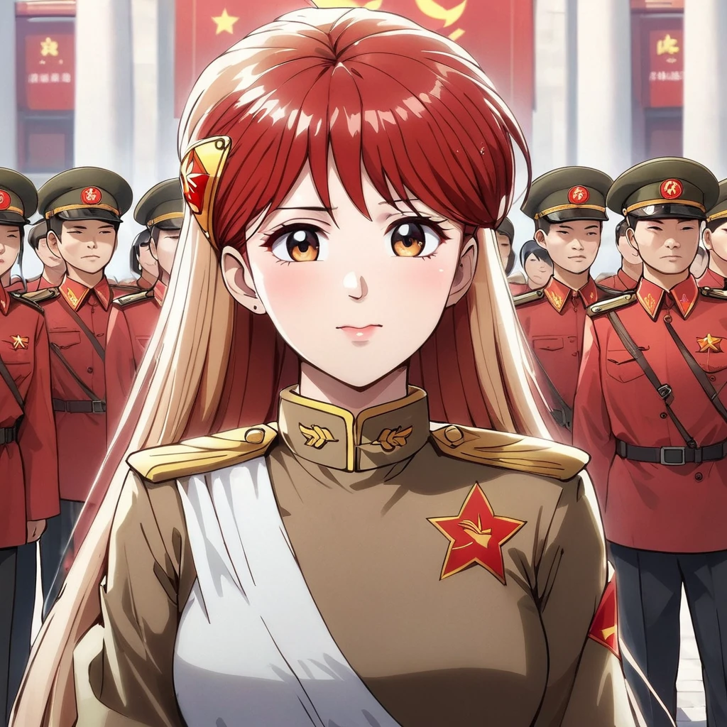 ((Highest quality)), ((masterpiece)), (detailed), （Perfect Face）、The woman is Princess Leona, a Chinese woman with light brown, medium-long hair, wearing an engagement ring. She has become a member of the glorious Chinese Communist Party and pledges absolute loyalty to the Chinese Communist Party. She is a righteous Communist Party member of China.、The woman is wearing the fine red uniform of a Chinese Communist Party member.、For the sake of China, they dye their hair, hairstyle, clothes, and everything they wear belongs to the Chinese Communist Party, and their thoughts are also Chinese, becoming great Chinese in body and mind.、The woman became Princess Leona, a Chinese woman who was proud of China and loved it devotedly.、She is serving China as a member of the great Communist Party of China.、She is a beautiful, respectable and exemplary Communist.