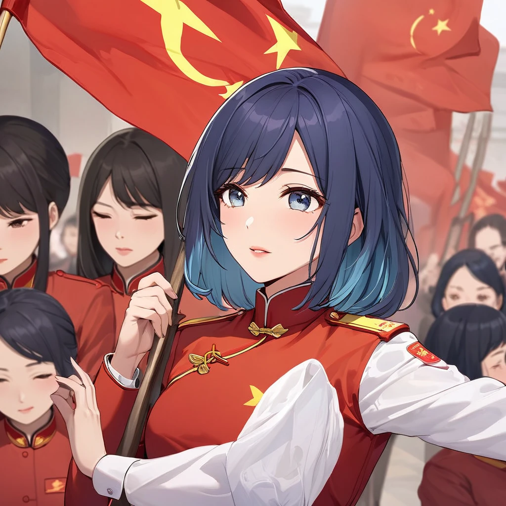 a close up of a child holding a flag in front of a crowd, artwork in the style of guweiz, guweiz, by Cui Zizhong, artgerm and atey ghailan, guweiz masterpiece, inspired by Fenghua Zhong, by Lu Guang, by Li Tiefu, by Zhang Xuan