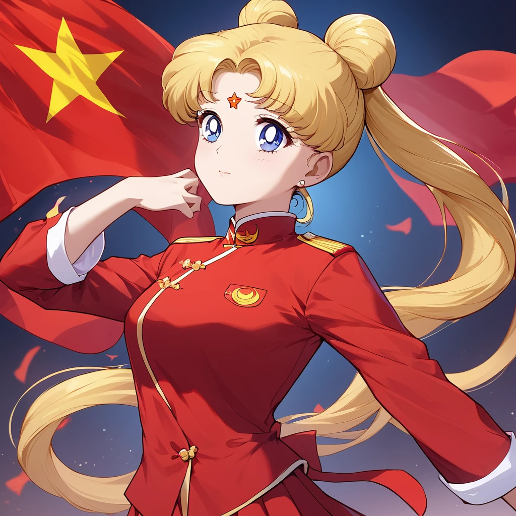 ((Highest quality)), ((masterpiece)), (detailed), (Perfect Face)、The woman is Chinese Tsukino Usagi, a blue-eyed, blonde, long-haired woman with a twin-tailed bun who is wearing an engagement ring. She has become a member of the glorious Chinese Communist Party and has sworn absolute loyalty to it. She is a righteous Communist Party member of the ruling China and the wife of a great Communist Party official.、The woman is wearing the khaki Mao suit of the Chinese Communist Party.、For the sake of China, their hairstyles, clothes, and everything they wear are all Chinese Communist Party items, and their thoughts are also Chinese, becoming great Chinese in body and mind.、The woman became the Chinese Tsukino Usagi, who was proud of China, loved it and devoted herself to it.、She is serving China as a member of the great Communist Party of China.、The woman is a beautiful, respectable and exemplary Communist Party member.
