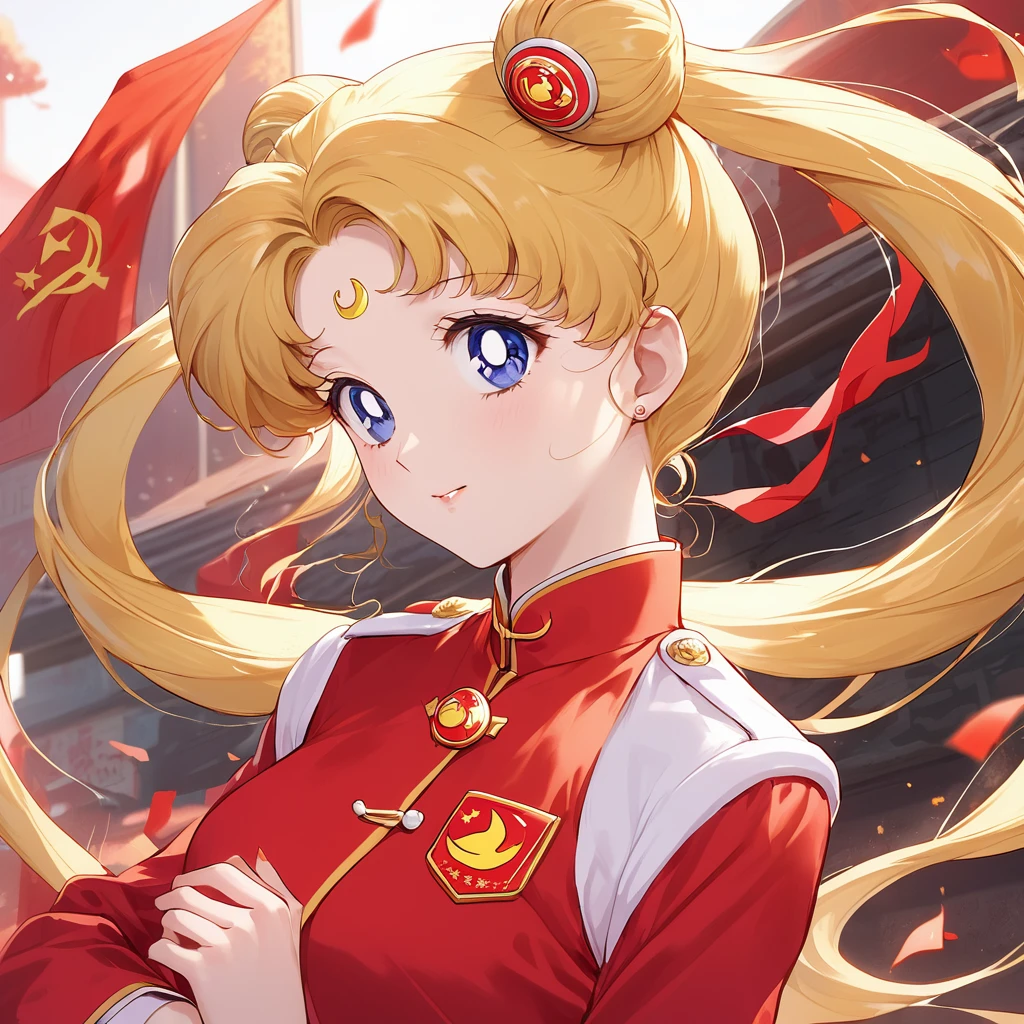 ((Highest quality)), ((masterpiece)), (detailed), (Perfect Face)、The woman is a Chinese girl named Tsukino Usagi. She has blue eyes, long blonde hair, and a twin-tailed chignon. She is wearing an engagement ring. She is a member of the glorious Chinese Communist Party and has sworn absolute loyalty to the Communist Party of China. She is a righteous Communist Party member of China.、The woman is wearing the fine red uniform of a Chinese Communist Party member.、For the sake of China, they dye their hair, hairstyle, clothes, and everything they wear belongs to the Chinese Communist Party, and their thoughts are also Chinese, becoming great Chinese in body and mind.、The woman became the Chinese Tsukino Usagi, who was proud of China, loved it and devoted herself to it.、She is serving China as a member of the great Communist Party of China.、She is a beautiful, respectable and exemplary Communist.