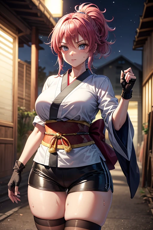 masterpiece, Highest quality,  Unreal Engine,  Super Resolution, Very detailed, 

Beautiful woman, machi, short kimono, (no hurisode, obi), sash, fingerless gloves, bike shorts, socks,thighhighs,or, ponytail,hair_ornament, Vivid expression, Healthy Body, Smooth skin texture, Carefully drawn, 

(humidity:1.5), Beautiful Eyes, (Attractive face:1.2), (Beautiful Skin), Tight waist, (Big Breasts), (Sticky with sweat), Dynamic pose, 

In the world of Hunter Hunter, Outdoor, Slums at night,