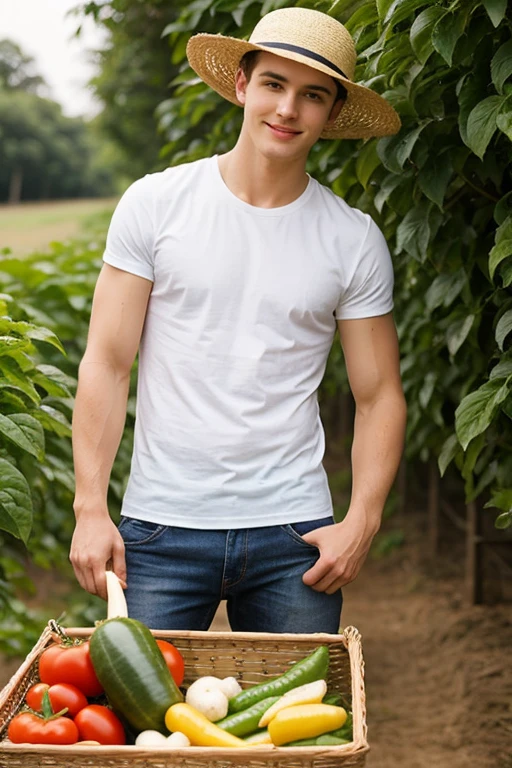 young cute handsome pretty beautiful white face soft skin skinny short hair white t-shirt big penis picking vegetables in a box or basket hat cute cute butt