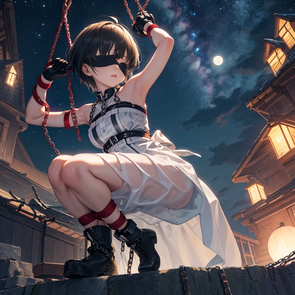 masterpiece, best quality, JingliuV5, 1girl, solo, gloves, gloves, dress, bare shoulders, closed mouth, boots, sky, black gloves, black footwear, blindfold, night sky, full moon, elbow gloves, armpits, arms up, ((chain, bound, restrained:1.3)), sitting, wariza, night, starry sky, sky, cowboy shot, view from below, far shot