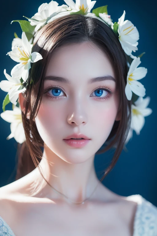 One woman, Blue Dai White, Photo art, (flower), Great photos with beautiful saturation, Ultra-high resolution,(Realistic:1.4)),Deep Shadow,(Highest quality, masterpiece), Pale skin, It&#39;s dim, shade, Panicked, blush, Very detailed, well rounded, Breaking Depth of Field, Film Grain, Wrinkled skin, View your viewers, knees, A gentle smile, (Upper Body), masterpiece,ultra Realistic,32K,Very detailed CG ユニティ 32k 壁紙, Highest quality