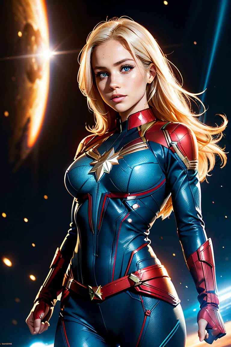 Meghan Markle, wearing Captain Marvel costume sexy clothes, her costume is transparent, (revealing her skin), professionally retouched, soft lighting, realistic, smooth face, perfect eyes, sharp focus on eyes, 8 k, high definition, insanely detailed, intricate, elegant. in a cosmic background, (((visible breasts))), she is removing her. Costume, visible nipples, visible vagina, blonde hair, blue eyes
