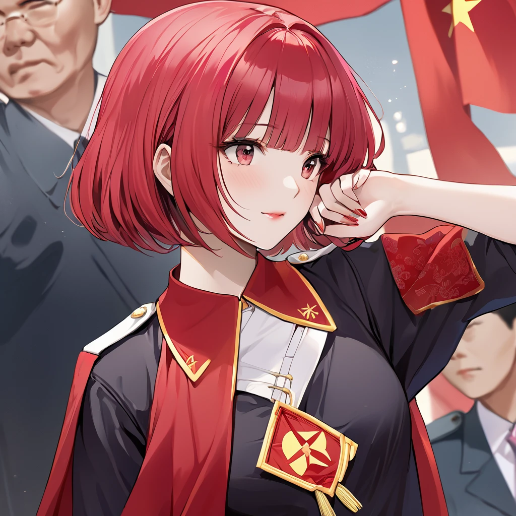 ((Highest quality)), ((masterpiece)), (detailed), (Perfect Face)、The woman is Chinese Momo Belia Deviluke, a Chinese woman with pink short bob hair and an engagement ring. She has become a member of the glorious Chinese Communist Party and swears absolute loyalty to the Chinese Communist Party. She is a righteous Communist Party member of China.、The woman is wearing the fine red uniform of a Chinese Communist Party member.、For the sake of China, they dye their hair, hairstyle, clothes, and everything they wear belongs to the Chinese Communist Party, and their thoughts are also Chinese, becoming great Chinese in body and mind.、The woman became Momo Belia Deviluke, a Chinese woman who was proud of and loved China.、She is serving China as a member of the great Communist Party of China.、She is a beautiful, respectable and exemplary Communist.