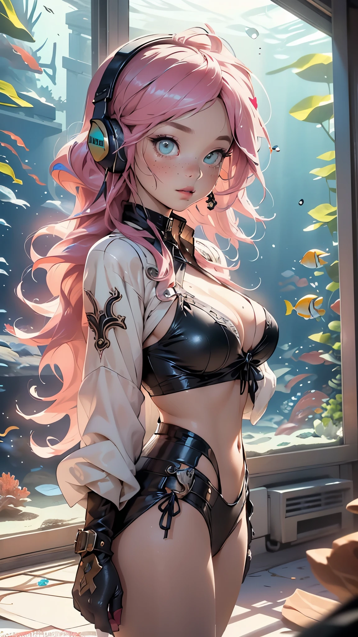steampunk girl,(((1girl))),((girl with bubblegum pink hair and freckles,extremely cute and gorgeous)),
(large breasts:1.4),saggy breasts,(((bubblegum pink hair:1.35,straight hair,long hair:1.4,colored inner hair,ear breathing))),((heterochromia:1.5, (pink_eye and aqua_eye))),(((freckles on the face,freckles,freckled girl))),((fat)),(((lustrous skin:1.5,bright skin: 1.5,skin tanned,shiny skin,very shiny skin,shiny body,plastic glitter skin,exaggerated shiny skin,illuminated skin))),(spider lower abdomen,narrow waist,wide hip,athletic body,inflated legs, thick thighs,detailed body,(detailed face)),
cute,slutty,seductive,erotic,((nsfw)),
zettai ryouiki,((two-piece swimsuit magenta,wearing a bikini outfit:1.3,steampunk bikini)),(steampunk headphones:1.5,steampunk cyber gloves:1.5,huge steampunk mech-gloves),((wet clothes,intricate outfit,intricate clothes,intricate swimsuit, intricate bikini)),
(dynamic pose:1.0),embarrassed,(centered,scale to fit dimensions,Rule of thirds),
((factory with solar panels, glass domes, white rooms and glass roofs showing that they are under the ocean)),scenery:1.25,((intricate scenery)),((((Aquarium in the background)))),
(Glossy steampunk ornaments),highres,sharp focus,(ultra detailed,extremely detailed),(photorealistic artwork:1.37),(extremely detailed CG unity 8k wallpaper),(((vibrant colors,vibrant theme))),(intricate),(masterpiece),(best quality),artistic photography,(photography taken by sldr),(intricate background),perfect rendered face,perfect face details,realistic face,photo realistic,((intricate detail)),(((realism))),