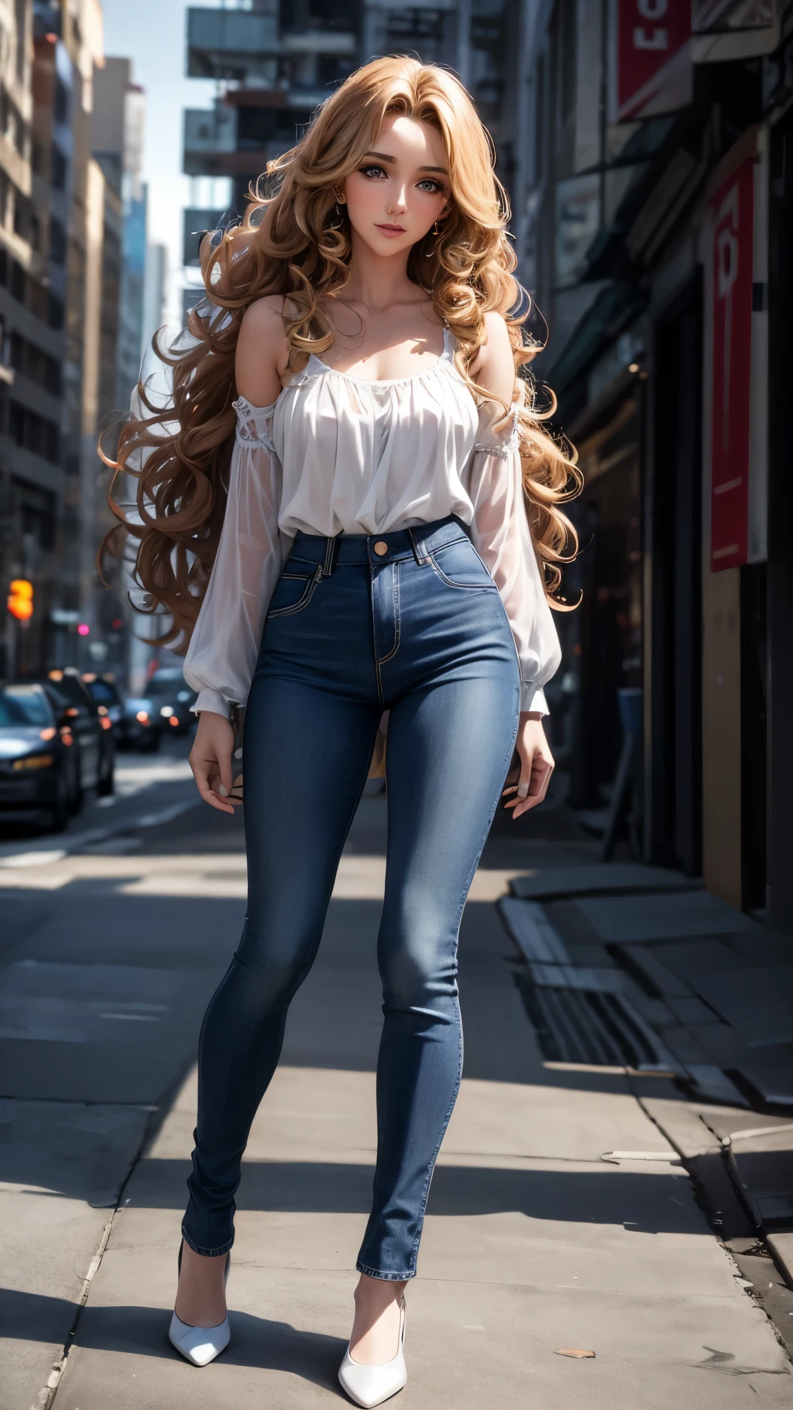 Solo, Masterpiece, curly Hair, Hazel eyes, 1girl, Long Hair, Celine dion, beautiful, 24 years old, blue Jean pants and white exotic top, Best Quality, High Details, Retina, perfect hands, perfect legs, High Resolution, background urban landscape