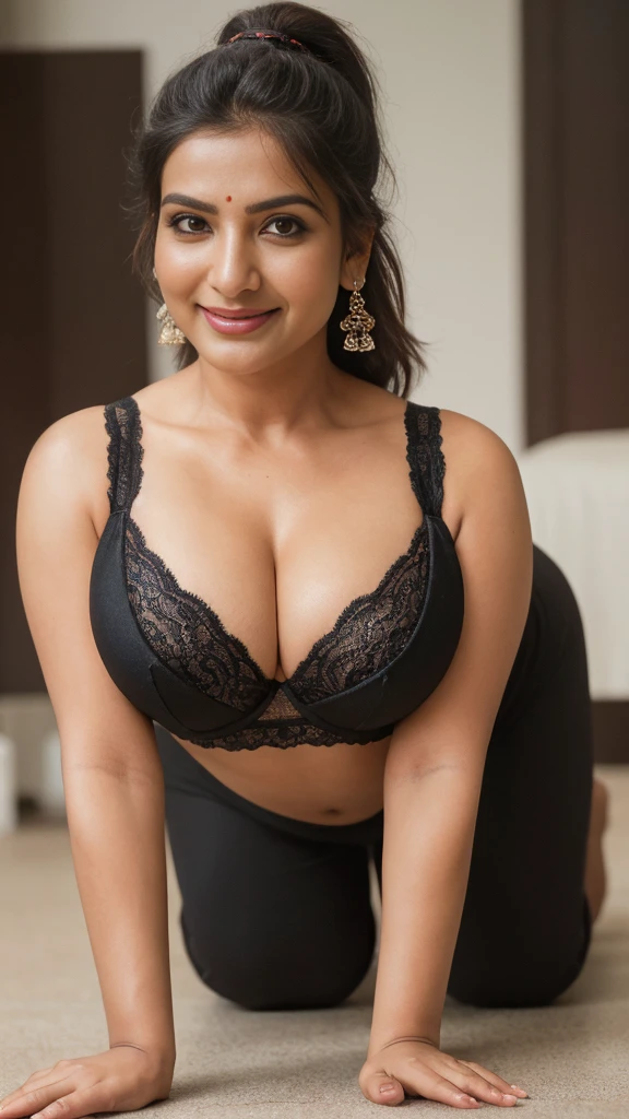 extreme close up photo of sexy indian doing push ups on floor from bottom view, curvy, hourglass figure, swooping breasts, deep cleavage, look at viewer and subtle smile, sultry, black lace bra, ponytail, 38 yo, HD, 4k, ultra high quality, (cinematic:1.3), intricate details, (ArtStation:1.2)