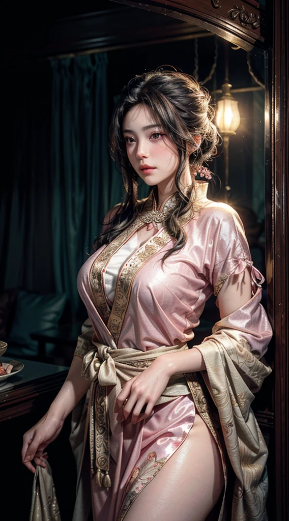The art depicts a charming woman, 20 years old, dressed in a flowing, silky traditional oriental dress, pink, decorated with intricate patterns and bright colors. Her dress drapes elegantly over her curvy figure, accentuating her seductive silhouette. She stood gracefully in the quiet moonlit night, bathed in the soft glow of the moonlight. The scene exudes an ethereal and dreamy atmosphere, with a touch of mystery and sexiness. The graphic style blends watercolor and digital illustration techniques to evoke a refined beauty and charm. The lights are filled with soft moonlight, casting soft highlights and shadows on her charming features. Bare thighs, big breasts, three-dimensional facial features, charming