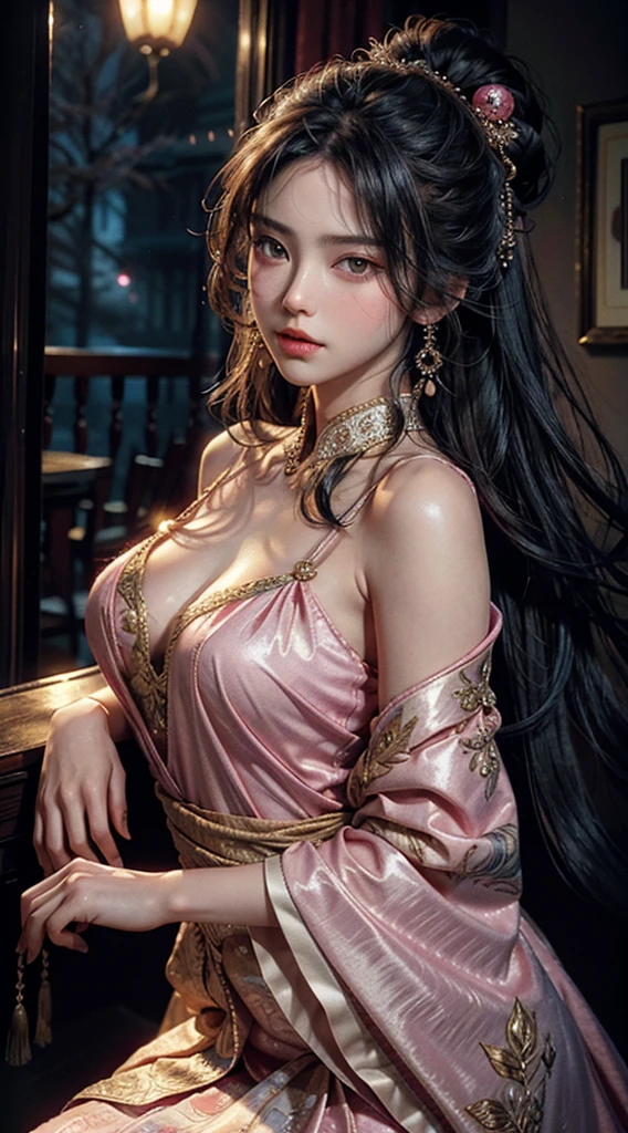 The art depicts a charming woman, 20 years old, dressed in a flowing, silky traditional oriental dress, pink, decorated with intricate patterns and bright colors. Her dress drapes elegantly over her curvy figure, accentuating her seductive silhouette. She stood gracefully in the quiet moonlit night, bathed in the soft glow of the moonlight. The scene exudes an ethereal and dreamy atmosphere, with a touch of mystery and sexiness. The graphic style blends watercolor and digital illustration techniques to evoke a refined beauty and charm. The lights are filled with soft moonlight, casting soft highlights and shadows on her charming features. Bare thighs, big breasts, three-dimensional facial features, charming