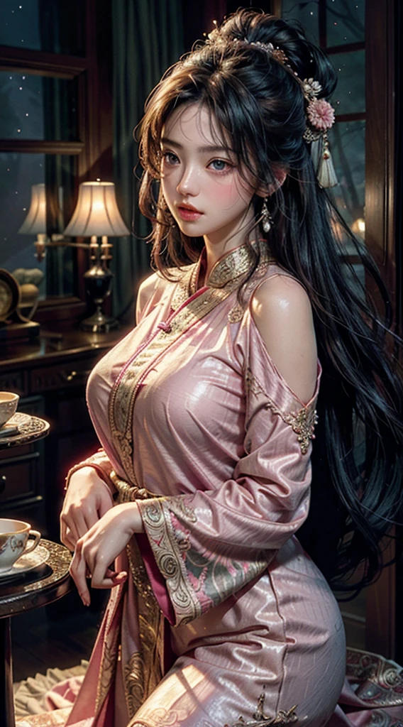 (best quality, highres), A woman in a lingerie, open legs, 1girl, navia, black headwear, hat, flower hat, feather, black thigh highs, black gloves boots, (ultra-detailed, realistic), (vivid colors, studio lighting), (soft focus, romantic), (beautiful detailed eyes, beautiful detailed lips), (long eyelashes), (subtle makeup), (elegant appearance), (confident pose), (luxurious background). 