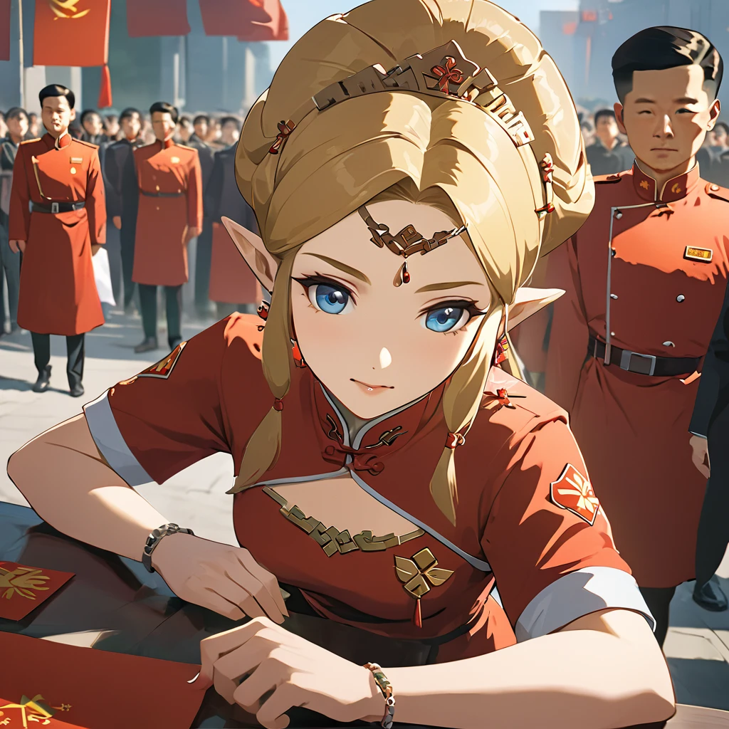 ((Highest quality)), ((masterpiece)), (detailed), (Perfect Face)、The woman is a Chinese Princess Zelda, a blonde Chinese woman with blue eyes who is wearing an engagement ring. She has become a member of the glorious Chinese Communist Party and has sworn absolute loyalty to the Chinese Communist Party. She is a righteous Communist Party member of China.、The woman is wearing the fine red uniform of a Chinese Communist Party member.、For the sake of China, they dye their hair, hairstyle, clothes, and everything they wear belongs to the Chinese Communist Party, and their thoughts are also Chinese, becoming great Chinese in body and mind.、The woman became a Chinese Princess Zelda who was proud of and loved China.、She is serving China as a member of the great Communist Party of China.、She is a beautiful, respectable and exemplary Communist.