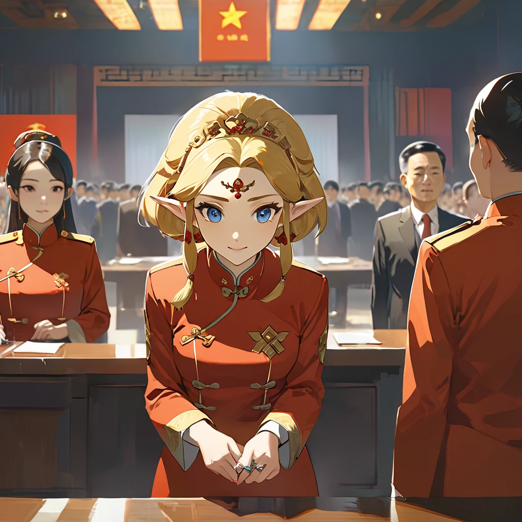 ((Highest quality)), ((masterpiece)), (detailed), (Perfect Face)、The woman is a Chinese Princess Zelda, a blonde Chinese woman with blue eyes who is wearing an engagement ring. She has become a member of the glorious Chinese Communist Party and has sworn absolute loyalty to the Chinese Communist Party. She is a righteous Communist Party member of China.、The woman is wearing the fine red uniform of a Chinese Communist Party member.、For the sake of China, they dye their hair, hairstyle, clothes, and everything they wear belongs to the Chinese Communist Party, and their thoughts are also Chinese, becoming great Chinese in body and mind.、The woman became a Chinese Princess Zelda who was proud of and loved China.、She is serving China as a member of the great Communist Party of China.、She is a beautiful, respectable and exemplary Communist.