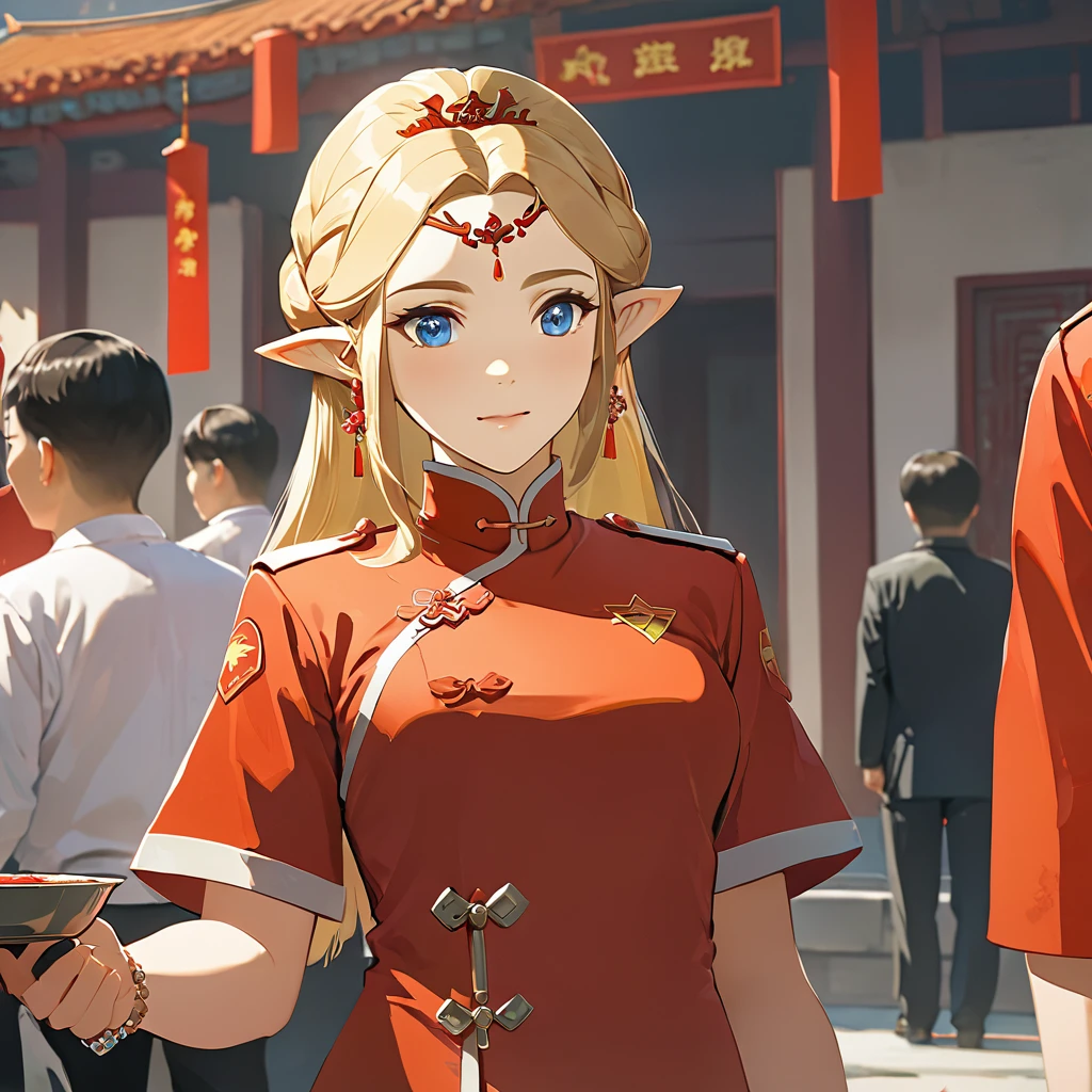 ((Highest quality)), ((masterpiece)), (detailed), (Perfect Face)、The woman is a Chinese Princess Zelda, a blonde Chinese woman with blue eyes who is wearing an engagement ring. She has become a member of the glorious Chinese Communist Party and has sworn absolute loyalty to the Chinese Communist Party. She is a righteous Communist Party member of China.、The woman is wearing the fine red uniform of a Chinese Communist Party member.、For the sake of China, they dye their hair, hairstyle, clothes, and everything they wear belongs to the Chinese Communist Party, and their thoughts are also Chinese, becoming great Chinese in body and mind.、The woman became a Chinese Princess Zelda who was proud of and loved China.、She is serving China as a member of the great Communist Party of China.、She is a beautiful, respectable and exemplary Communist.