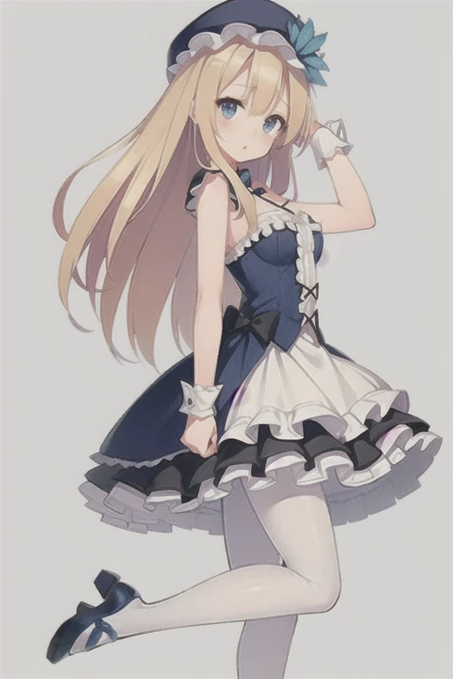 saratoga \(warship girls r\)，((masterpiece)),(((best quality))),((ultra-detailed)),((illustration)),((disheveled hair)),((frills)),(1 girl),(solo),1girl, bangs, bare shoulders, black footwear, blonde hair, blue bow, blue dress, blue eyes, blue flower, blue footwear, blue headwear, blue ribbon, blush, bonnet, bow, dress, eyebrows visible through hair, frilled dress, frills, full body, gradient, hair between eyes, hat, hat bow, holding, holding stuffed toy, lolita fashion, long hair, looking at viewer, looking to the side, mary janes, medium breasts, pantyhose, parted lips, ribbon, shoes, sleeveless, sleeveless dress, solo, standing, stuffed animal, stuffed toy, teddy bear, very long hair, white dress, white legwear, wrist cuffs, from side