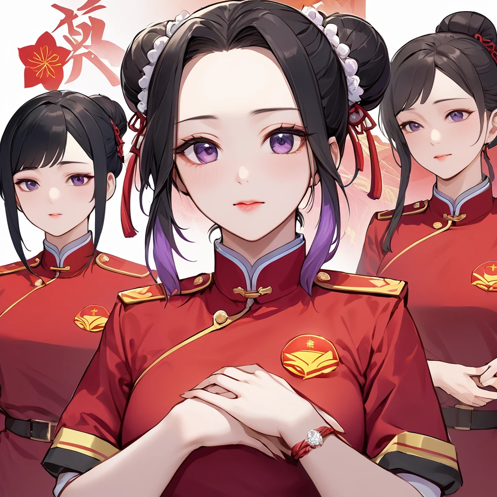 ((Highest quality)), ((masterpiece)), (detailed), (Perfect Face)、The woman is a Chinese woman named Kocho Shinobu, with medium-long black hair with purple ends, tied up in a bun, and wearing an engagement ring. She is a member of the glorious Chinese Communist Party and has sworn absolute loyalty to the Communist Party of China. She is a righteous Communist Party member of China.、The woman is wearing the fine red uniform of a Chinese Communist Party member.、For the sake of China, they dye their hair, hairstyle, clothes, and everything they wear belongs to the Chinese Communist Party, and their thoughts are also Chinese, becoming great Chinese in body and mind.、The woman became Shinobu Kocho, a Chinese woman who was proud of China, loved it and devoted herself to it.、She is serving China as a member of the great Communist Party of China.、She is a beautiful, respectable and exemplary Communist.