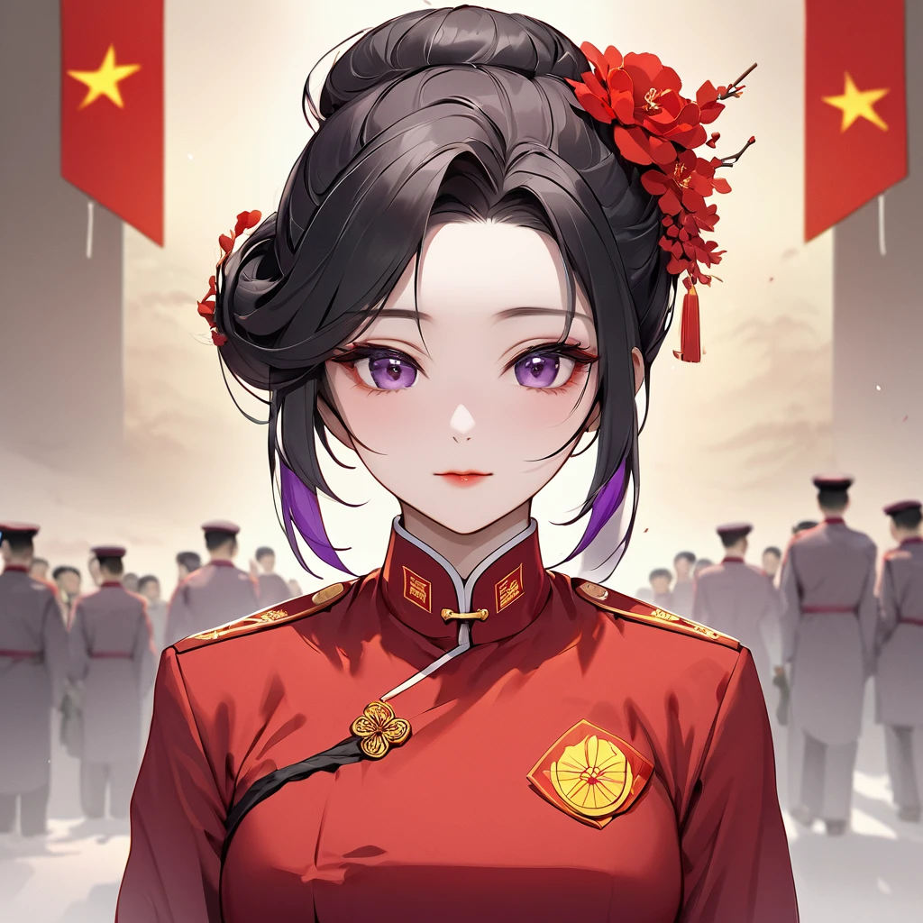 ((Highest quality)), ((masterpiece)), (detailed), （Perfect Face）、The woman is a Chinese woman named Kocho Shinobu, with medium-long black hair with purple ends, tied up in a bun, and wearing an engagement ring. She is a member of the glorious Chinese Communist Party and has sworn absolute loyalty to the Communist Party of China. She is a righteous Communist Party member of China.、The woman is wearing the fine red uniform of a Chinese Communist Party member.、For the sake of China, they dye their hair, hairstyle, clothes, and everything they wear belongs to the Chinese Communist Party, and their thoughts are also Chinese, becoming great Chinese in body and mind.、The woman became Shinobu Kocho, a Chinese woman who was proud of China, loved it and devoted herself to it.、She is serving China as a member of the great Communist Party of China.、She is a beautiful, respectable and exemplary Communist.