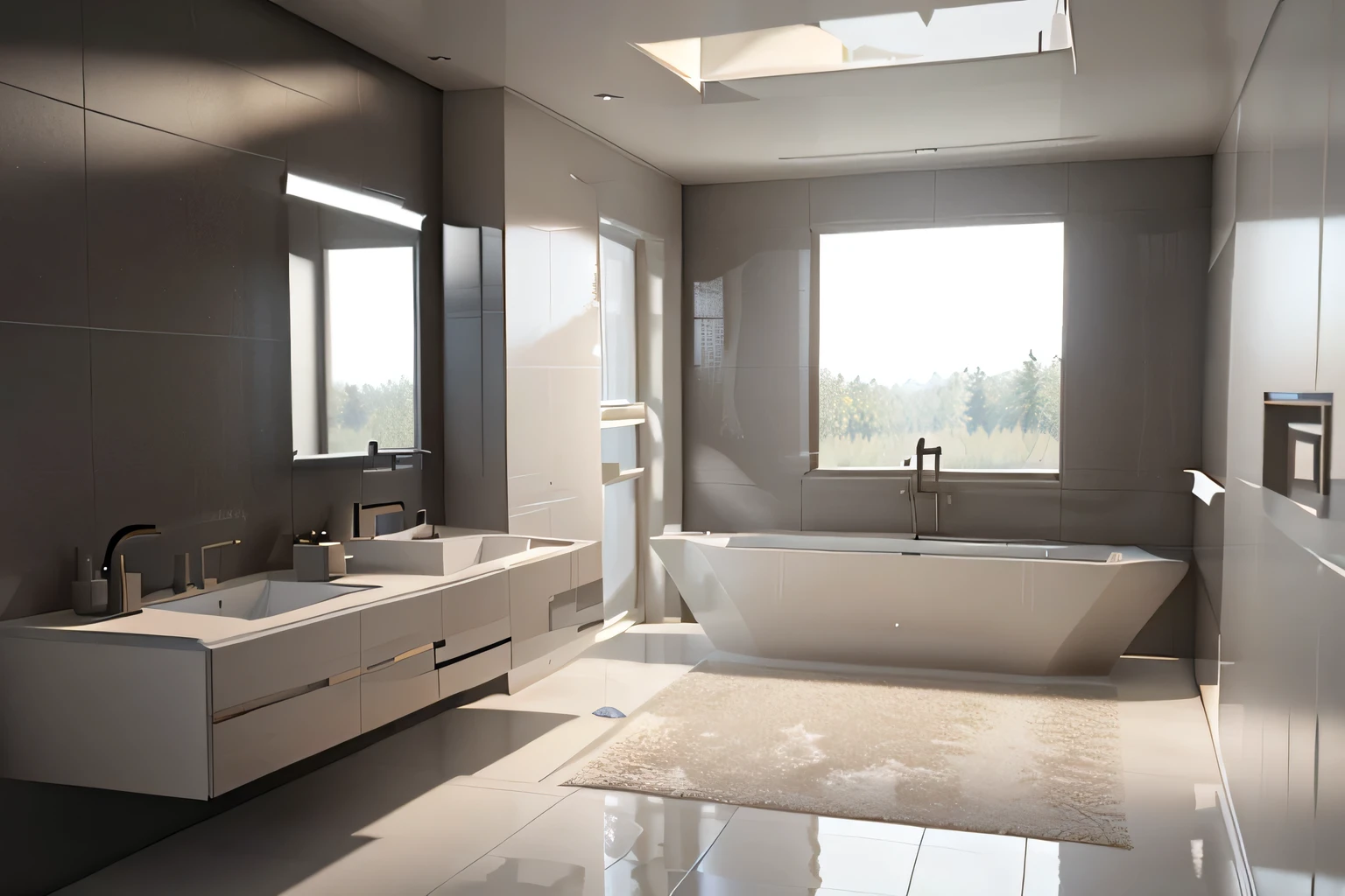 there is a bathtub and a sink in a bathroom, elegant minimalism, rendered in unreal engine 6, unreal engine realistic render, rendered in corona, rendered in vray, rendered in v-ray, rendered in unreal engine, rendered in lumion pro, rendered in povray, rendering on unreal engine, detailed archviz render, minimalist design, rendered in unreal 5