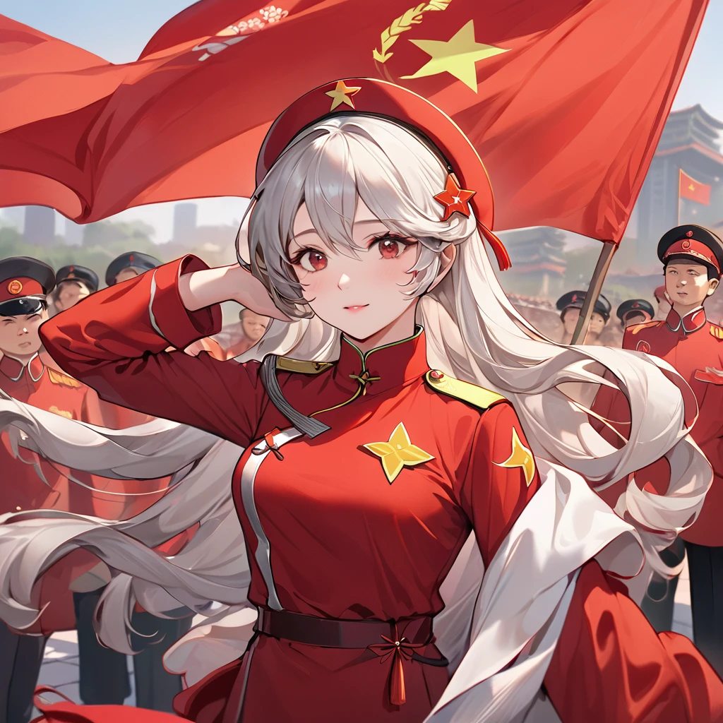 ((Highest quality)), ((masterpiece)), (detailed), (Perfect Face)、The woman is a Chinese Kaim with medium-long silver hair and an engagement ring. She is a member of the glorious Chinese Communist Party and has sworn absolute loyalty to the Communist Party of China. She is a righteous Communist Party member of China.、The woman is wearing the fine red uniform of a Chinese Communist Party member.、For the sake of China, they dye their hair, hairstyle, clothes, and everything they wear belongs to the Chinese Communist Party, and their thoughts are also Chinese, becoming great Chinese in body and mind.、The woman became a Chinese Kaim who was proud of China and loved it devotedly.、She is serving China as a member of the great Communist Party of China.、She is a beautiful, respectable and exemplary Communist.