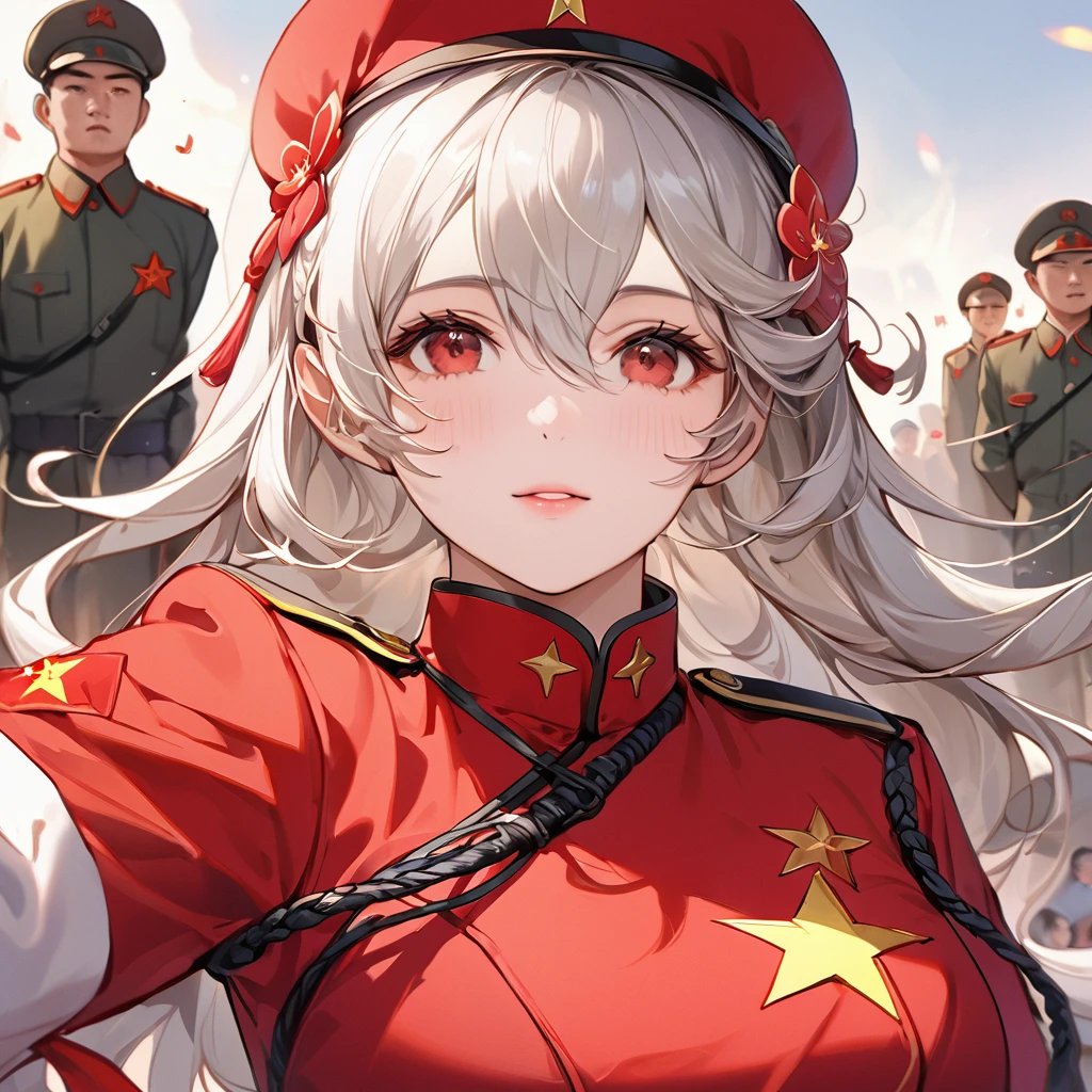 ((Highest quality)), ((masterpiece)), (detailed), (Perfect Face)、The woman is a Chinese Kaim with medium-long silver hair and an engagement ring. She is a member of the glorious Chinese Communist Party and has sworn absolute loyalty to the Communist Party of China. She is a righteous Communist Party member of China.、The woman is wearing the fine red uniform of a Chinese Communist Party member.、For the sake of China, they dye their hair, hairstyle, clothes, and everything they wear belongs to the Chinese Communist Party, and their thoughts are also Chinese, becoming great Chinese in body and mind.、The woman became a Chinese Kaim who was proud of China and loved it devotedly.、She is serving China as a member of the great Communist Party of China.、She is a beautiful, respectable and exemplary Communist.