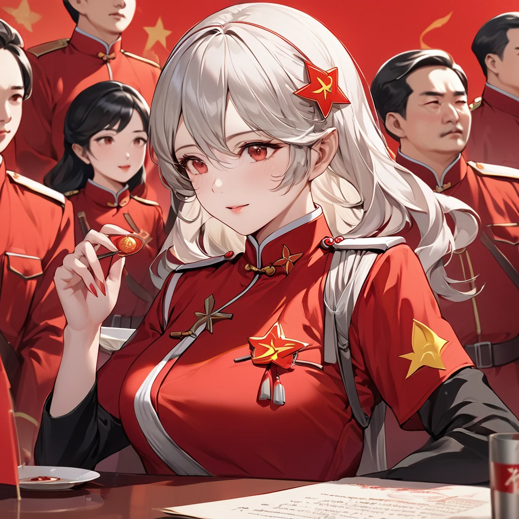 ((Highest quality)), ((masterpiece)), (detailed), (Perfect Face)、The woman is a Chinese Kaim with medium-long silver hair and an engagement ring. She is a member of the glorious Chinese Communist Party and has sworn absolute loyalty to the Communist Party of China. She is a righteous Communist Party member of China.、The woman is wearing the fine red uniform of a Chinese Communist Party member.、For the sake of China, they dye their hair, hairstyle, clothes, and everything they wear belongs to the Chinese Communist Party, and their thoughts are also Chinese, becoming great Chinese in body and mind.、The woman became a Chinese Kaim who was proud of China and loved it devotedly.、She is serving China as a member of the great Communist Party of China.、She is a beautiful, respectable and exemplary Communist.